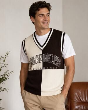 NWT Romwe Sweater Vest Men’s L Is That The New Guys Colorblock Brown Cream VNeck